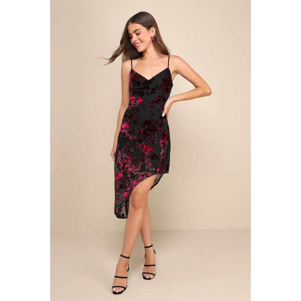 Lulus Evenings With You Black Multi Floral Velvet Asymmetrical Dress - Size XL